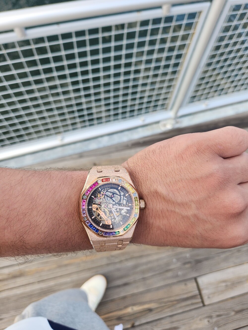 Audemars Piguet Rose Gold Skeleton Watch with Rainbow Gem Bezel